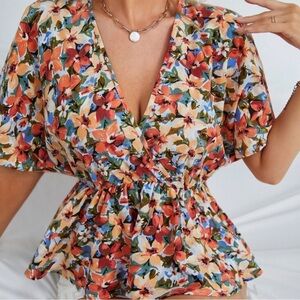 NWT Privé Surplice Neck Allover Floral Print Peplum Top